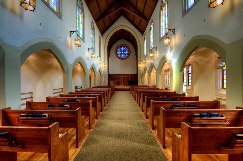 First Presbyterian Church sanctuary with Gothic arches