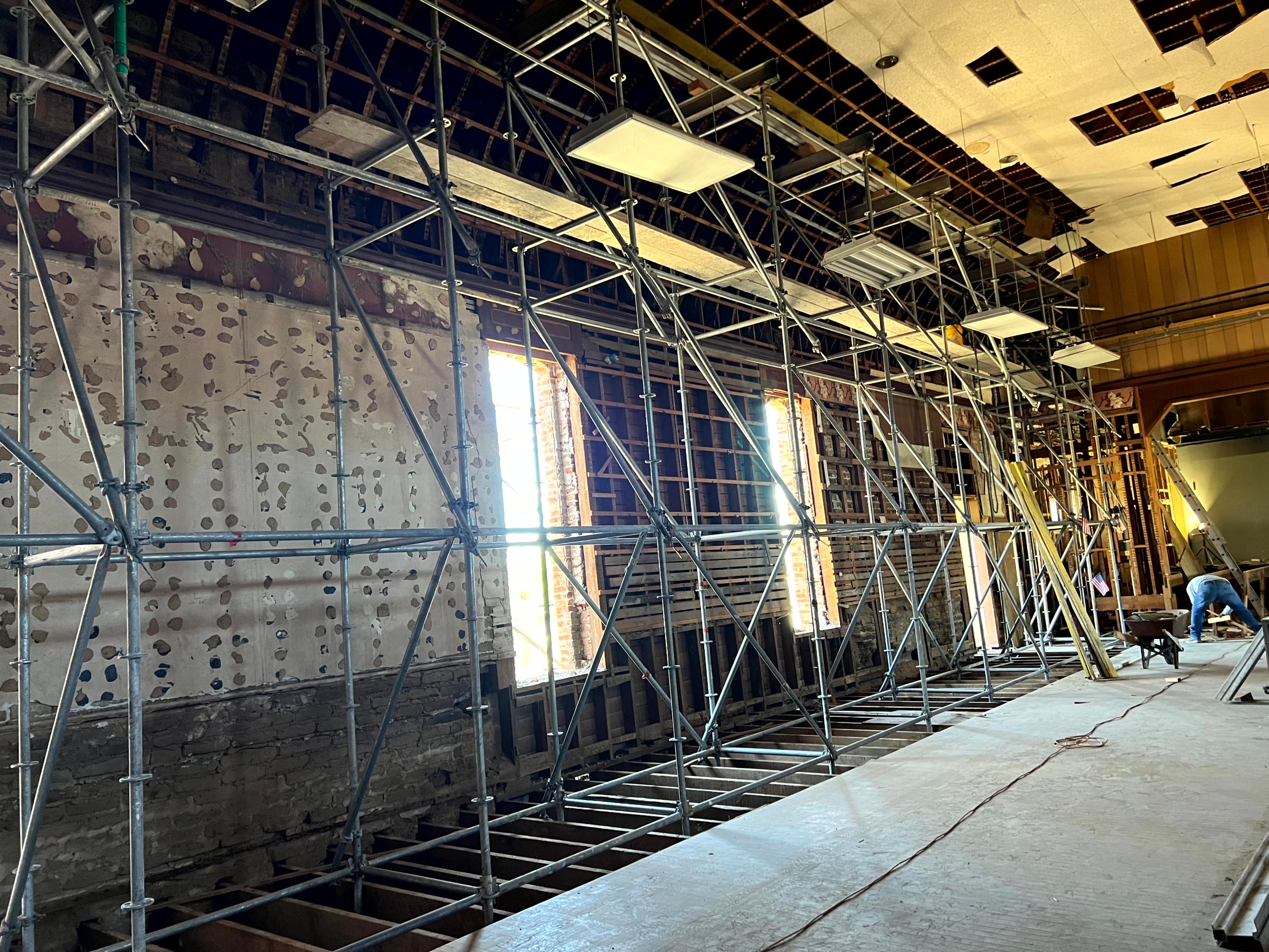 Ramona Town Hall exterior brick façade with scaffolding